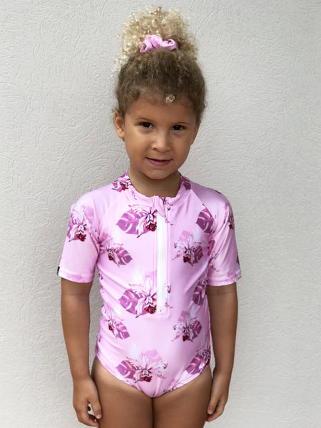 toddler swimwear, pink swimsuit, uv protection, sun protective swimwear, children's swimsuits