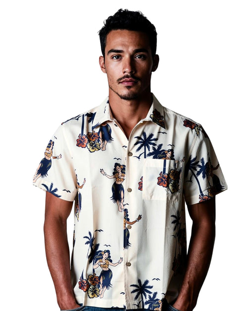 Aloha Friday shirt, men’s shirt, resort shirt, hula girl shirt, Hawaiian shirt, island shirt, shirt with hula dancers 