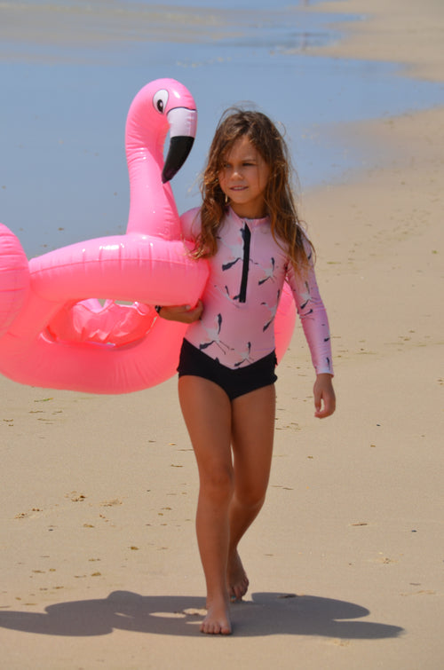 pink swimmers, pink swimsuit, flamingo swimwear, flamingo children's swimsuit, pink flamingo swimwear